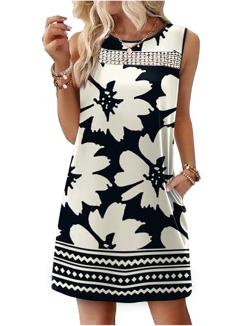 Womens Lace Sleeveless Summer Dress Loose Fit Tank Dress Pockets Wedding Guest